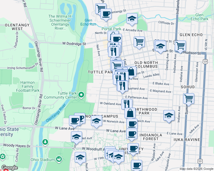 map of restaurants, bars, coffee shops, grocery stores, and more near in Columbus