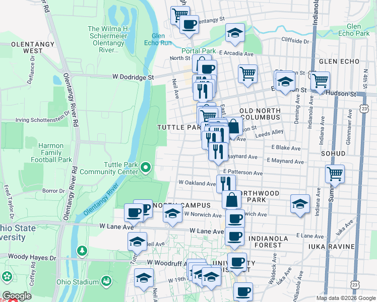 map of restaurants, bars, coffee shops, grocery stores, and more near 97 West Maynard Avenue in Columbus