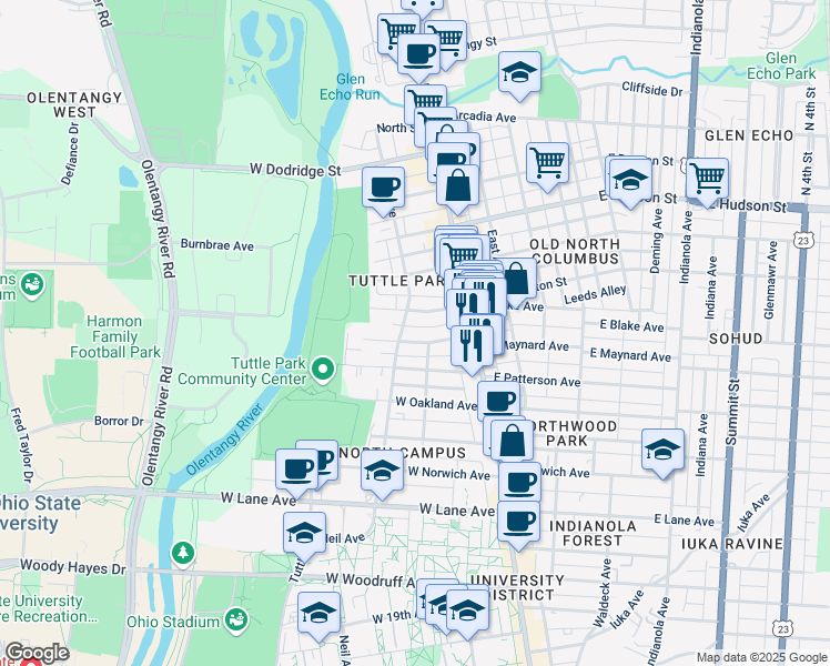 map of restaurants, bars, coffee shops, grocery stores, and more near in Columbus