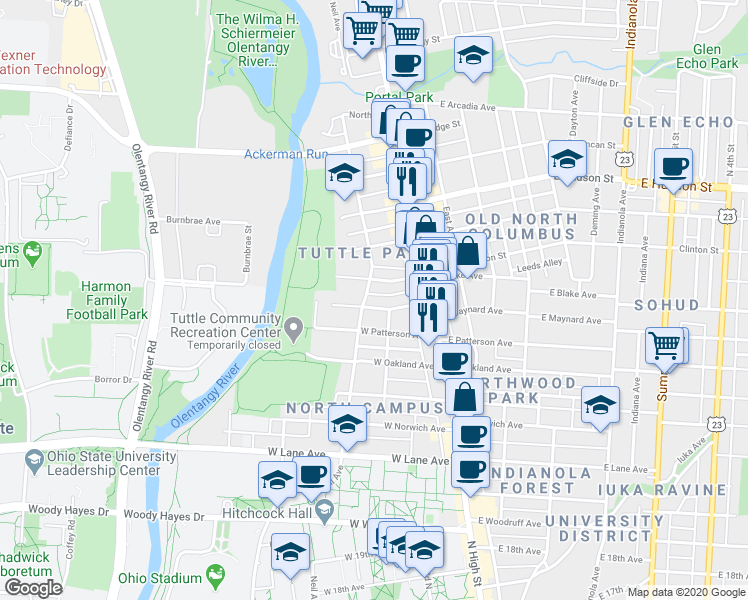 map of restaurants, bars, coffee shops, grocery stores, and more near 97 West Maynard Avenue in Columbus
