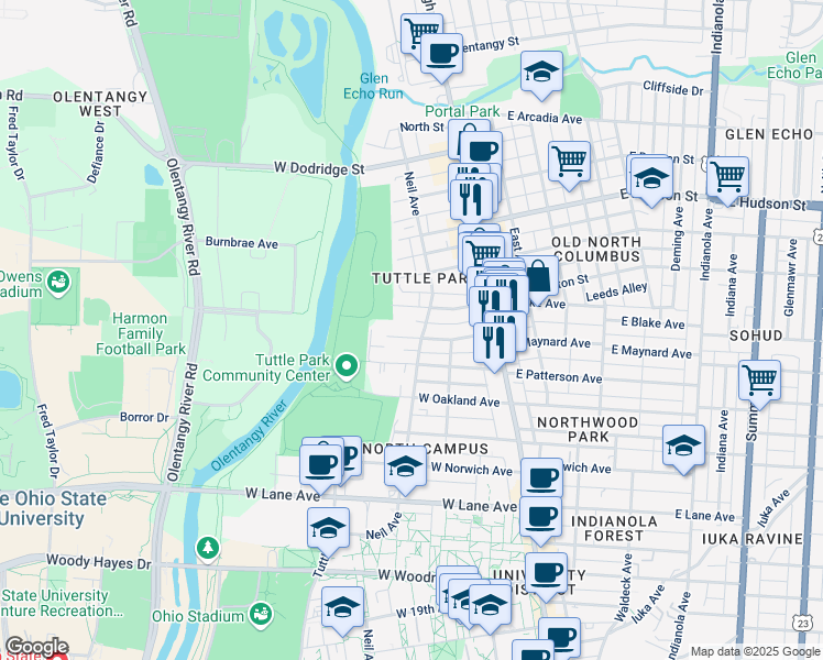 map of restaurants, bars, coffee shops, grocery stores, and more near 161 West Maynard Avenue in Columbus