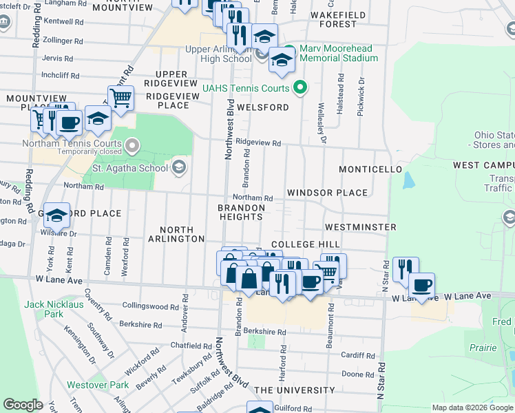 map of restaurants, bars, coffee shops, grocery stores, and more near 2654 Brandon Road in Columbus