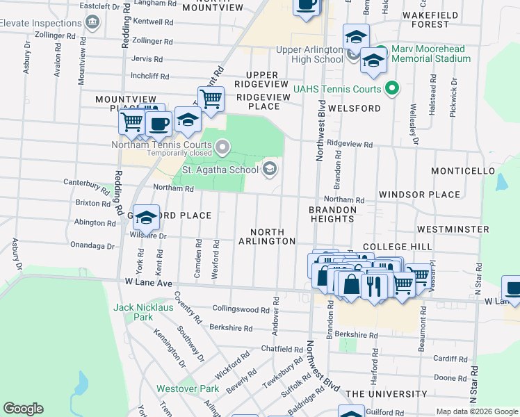 map of restaurants, bars, coffee shops, grocery stores, and more near 2676 Berwyn Road in Columbus