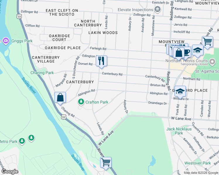 map of restaurants, bars, coffee shops, grocery stores, and more near 2531 Abington Road in Upper Arlington