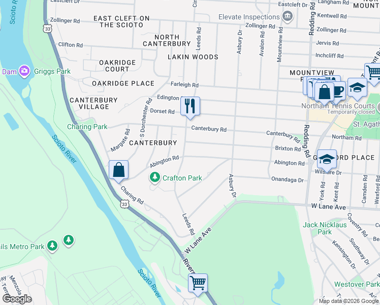 map of restaurants, bars, coffee shops, grocery stores, and more near 2760 Leeds Road in Columbus