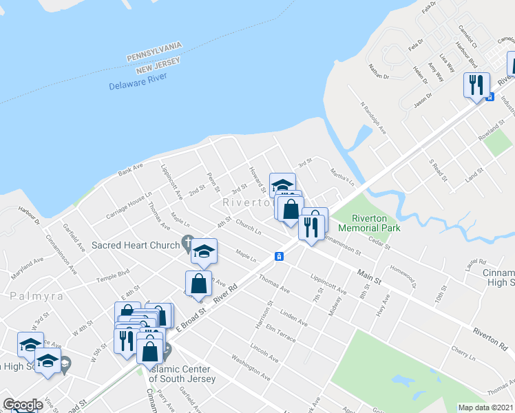 map of restaurants, bars, coffee shops, grocery stores, and more near 501 4th Street in Riverton