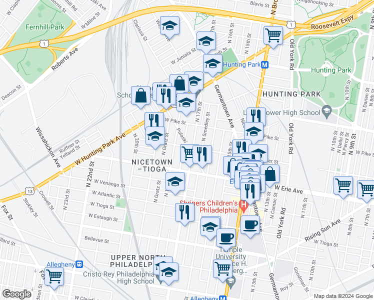 map of restaurants, bars, coffee shops, grocery stores, and more near 3759 North Bouvier Street in Philadelphia