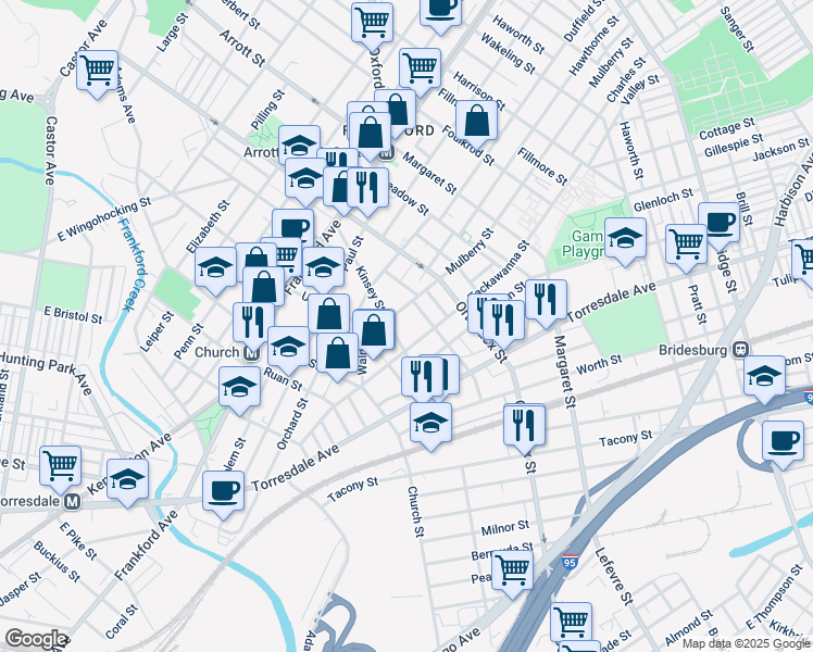 map of restaurants, bars, coffee shops, grocery stores, and more near 1811 Kinsey Street in Philadelphia