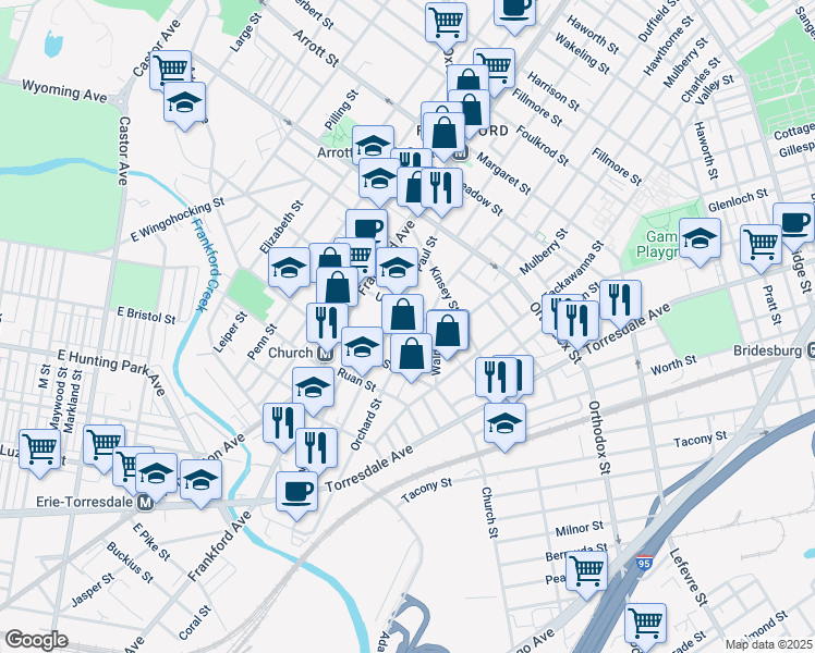 map of restaurants, bars, coffee shops, grocery stores, and more near 4354 Orchard Street in Philadelphia