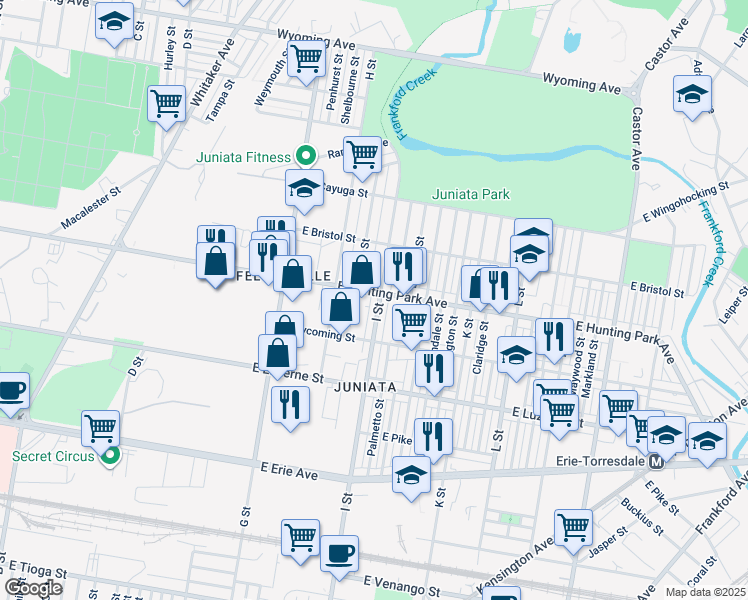 map of restaurants, bars, coffee shops, grocery stores, and more near 4154 I Street in Philadelphia