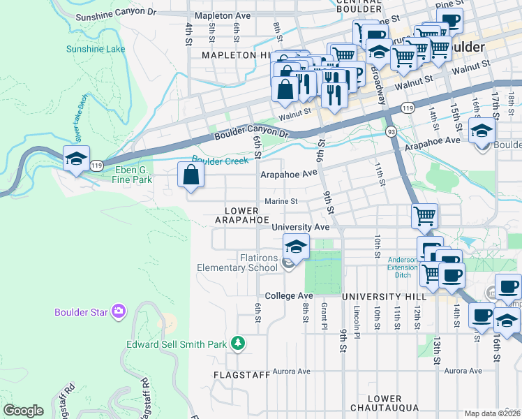 map of restaurants, bars, coffee shops, grocery stores, and more near 604 Marine Street in Boulder