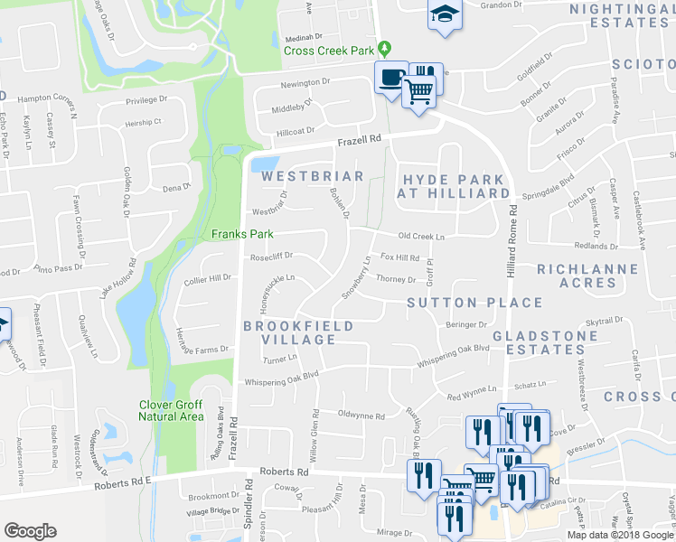 map of restaurants, bars, coffee shops, grocery stores, and more near 2947 Bohlen Drive in Hilliard