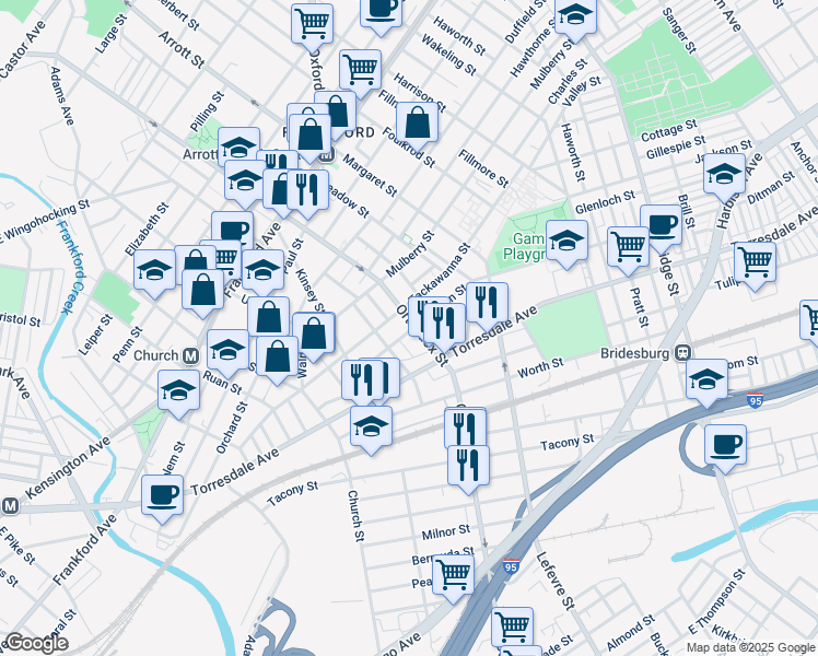 map of restaurants, bars, coffee shops, grocery stores, and more near 1922 Orthodox Street in Philadelphia