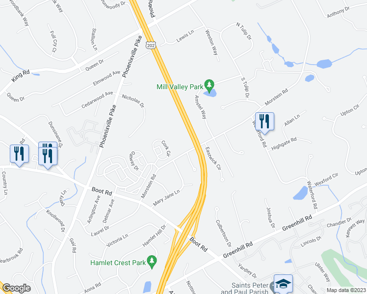 map of restaurants, bars, coffee shops, grocery stores, and more near 1336 Morstein Road in West Chester