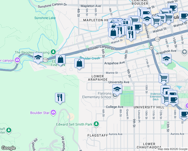 map of restaurants, bars, coffee shops, grocery stores, and more near in Boulder