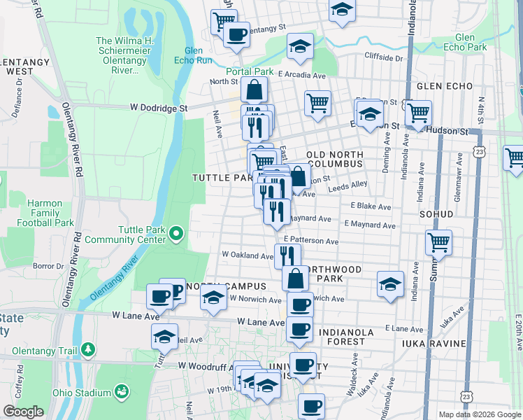 map of restaurants, bars, coffee shops, grocery stores, and more near 45 West Maynard Avenue in Columbus