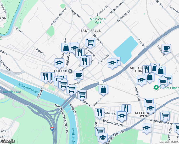 map of restaurants, bars, coffee shops, grocery stores, and more near Conrad St & Bowman St in Philadelphia