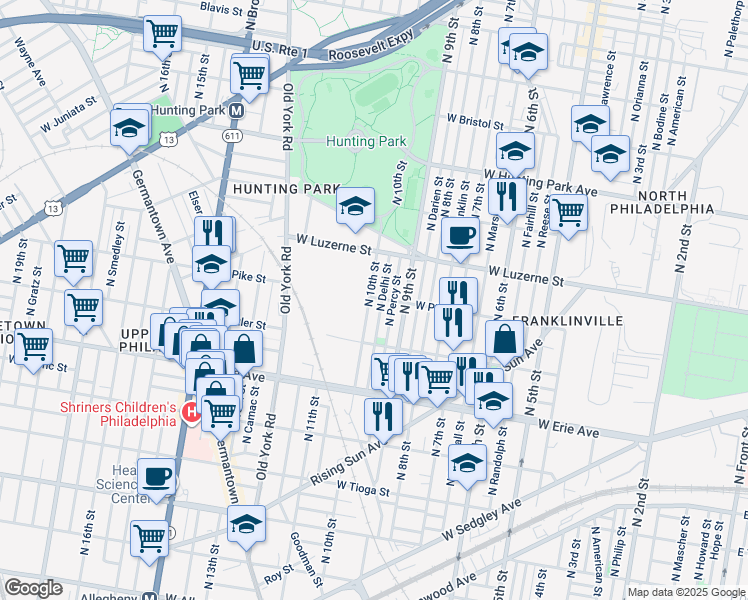 map of restaurants, bars, coffee shops, grocery stores, and more near 3861 North 10th Street in Philadelphia