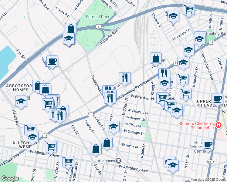 map of restaurants, bars, coffee shops, grocery stores, and more near 2253 Yelland Street in Philadelphia