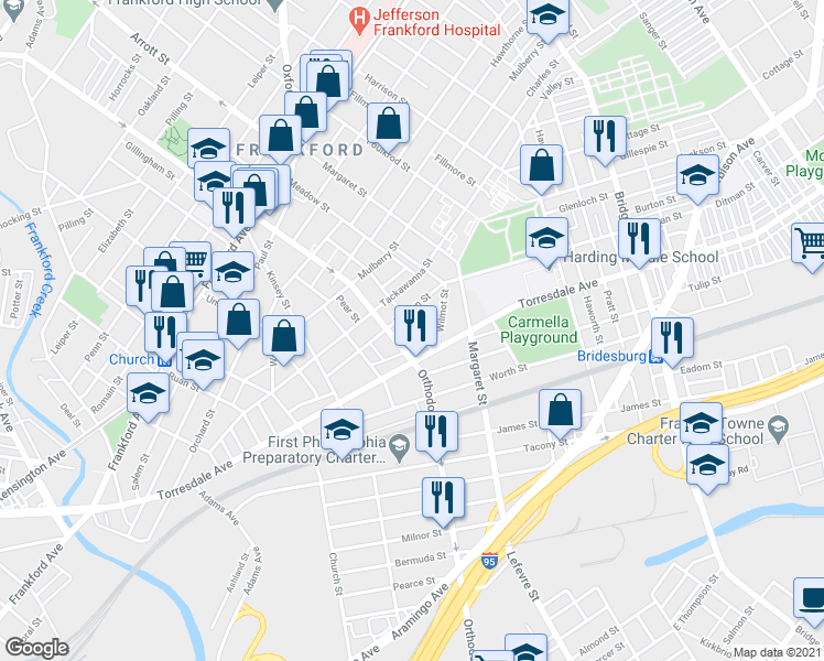 map of restaurants, bars, coffee shops, grocery stores, and more near 2020 Plum Street in Philadelphia