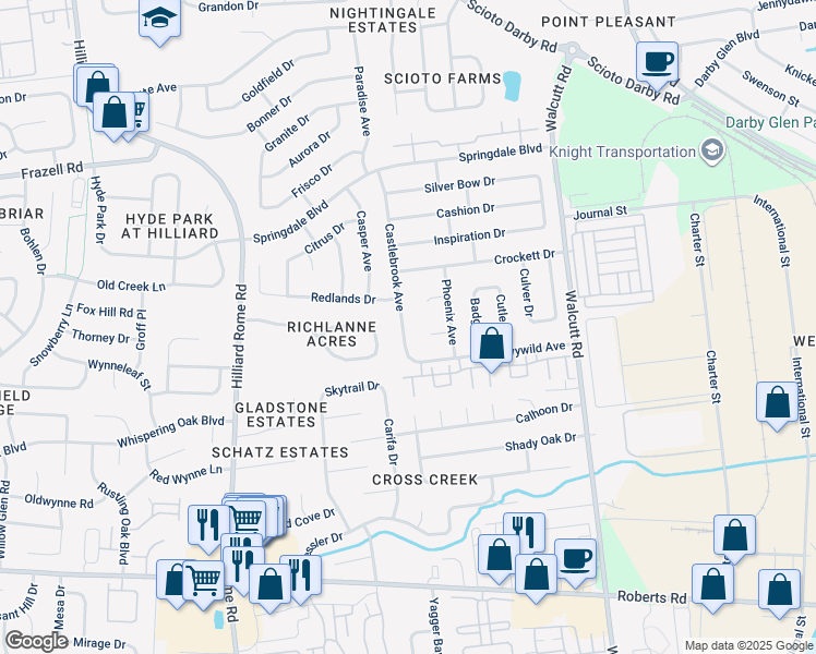 map of restaurants, bars, coffee shops, grocery stores, and more near 2916 Castlebrook Avenue in Hilliard