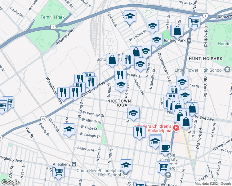 map of restaurants, bars, coffee shops, grocery stores, and more near 1916 West Carey Street in Philadelphia