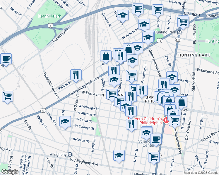 map of restaurants, bars, coffee shops, grocery stores, and more near 1916 West Carey Street in Philadelphia