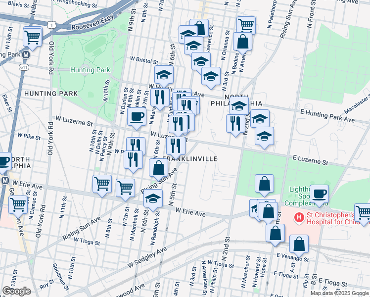 map of restaurants, bars, coffee shops, grocery stores, and more near 3921 North 5th Street in Philadelphia