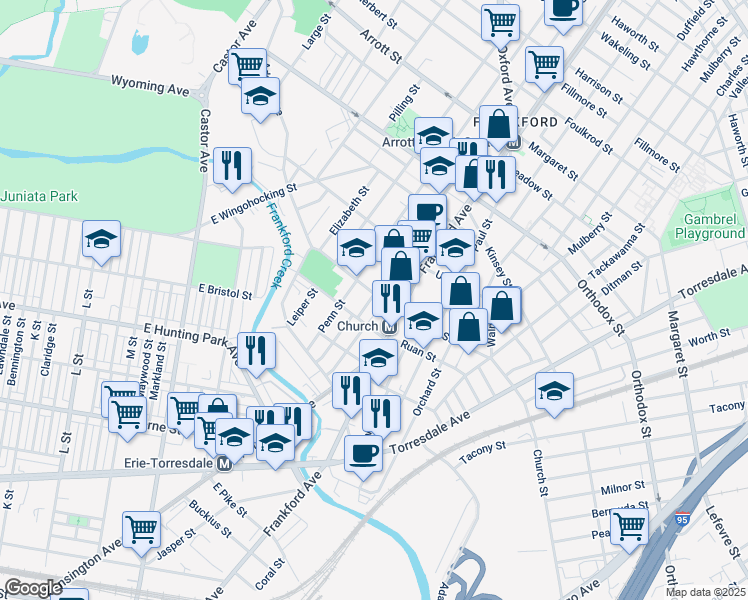 map of restaurants, bars, coffee shops, grocery stores, and more near 1530 Church Street in Philadelphia