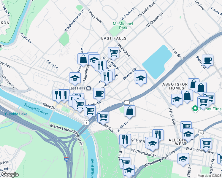map of restaurants, bars, coffee shops, grocery stores, and more near 3408 Conrad Street in Philadelphia
