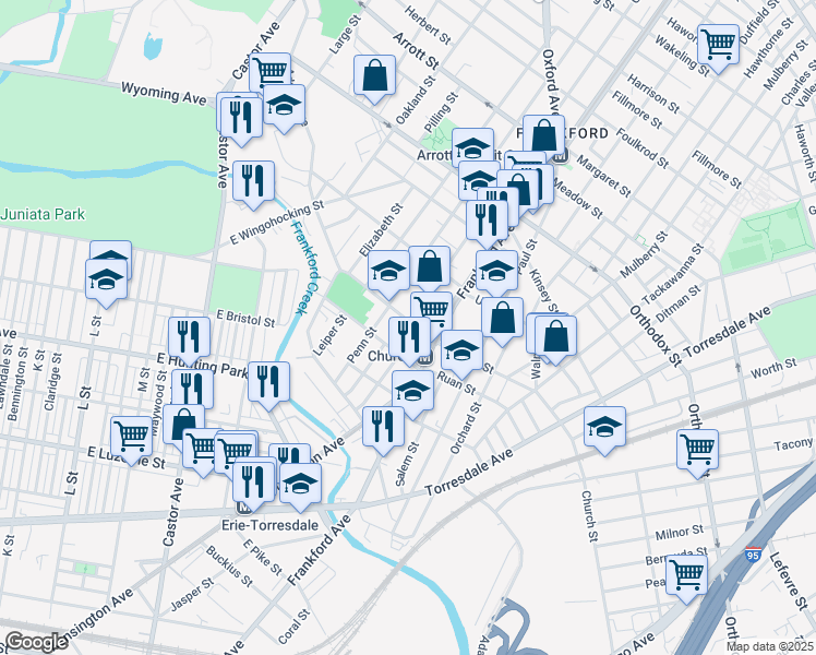 map of restaurants, bars, coffee shops, grocery stores, and more near 1530 Church Street in Philadelphia