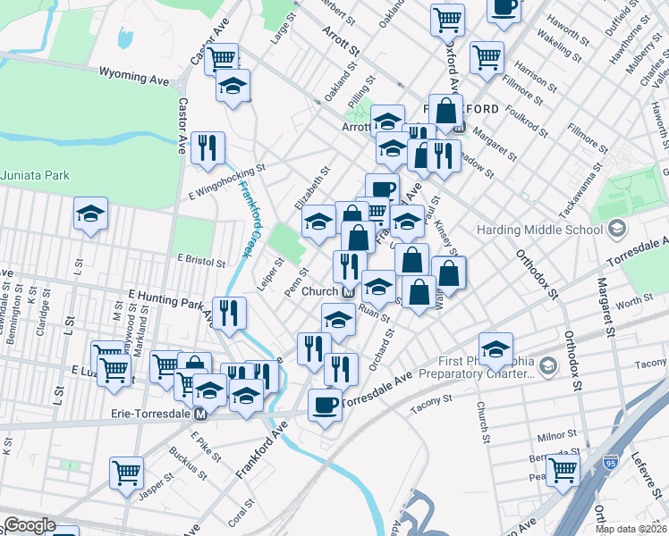 map of restaurants, bars, coffee shops, grocery stores, and more near 4283 Griscom Street in Philadelphia