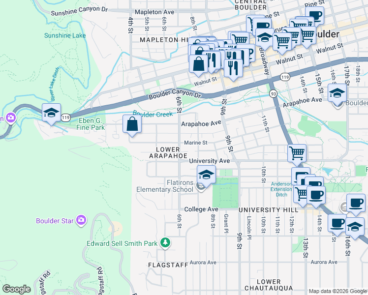 map of restaurants, bars, coffee shops, grocery stores, and more near 625 University Avenue in Boulder