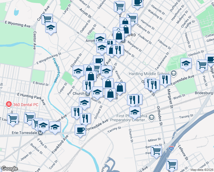 map of restaurants, bars, coffee shops, grocery stores, and more near 4357 Orchard Street in Philadelphia