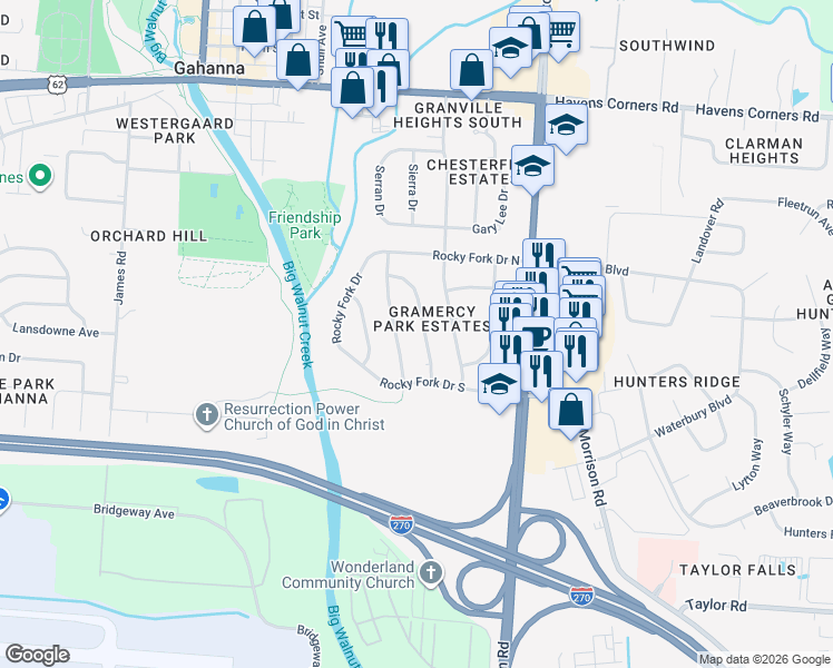 map of restaurants, bars, coffee shops, grocery stores, and more near 328 Cliffview Drive in Columbus