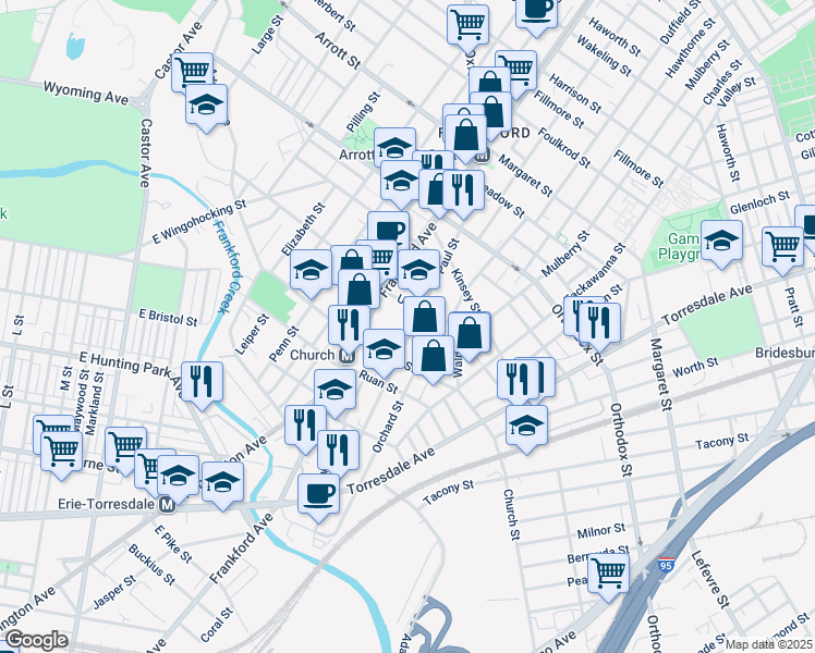 map of restaurants, bars, coffee shops, grocery stores, and more near 4342 Paul Street in Philadelphia