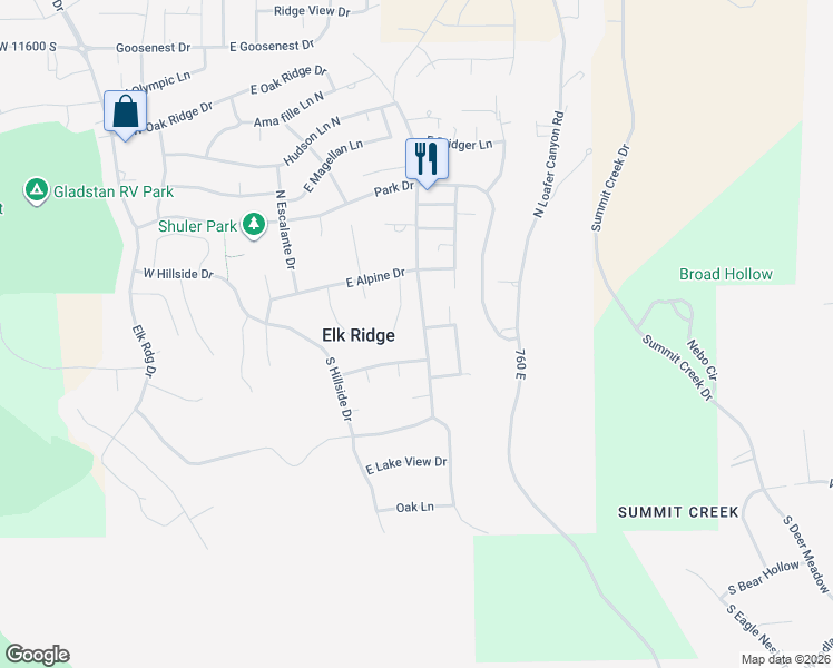 map of restaurants, bars, coffee shops, grocery stores, and more near 142 South Canyon View Drive East in Elk Ridge