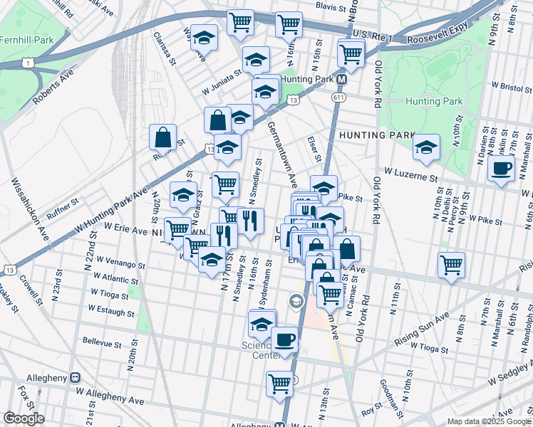 map of restaurants, bars, coffee shops, grocery stores, and more near 3742 North 16th Street in Philadelphia