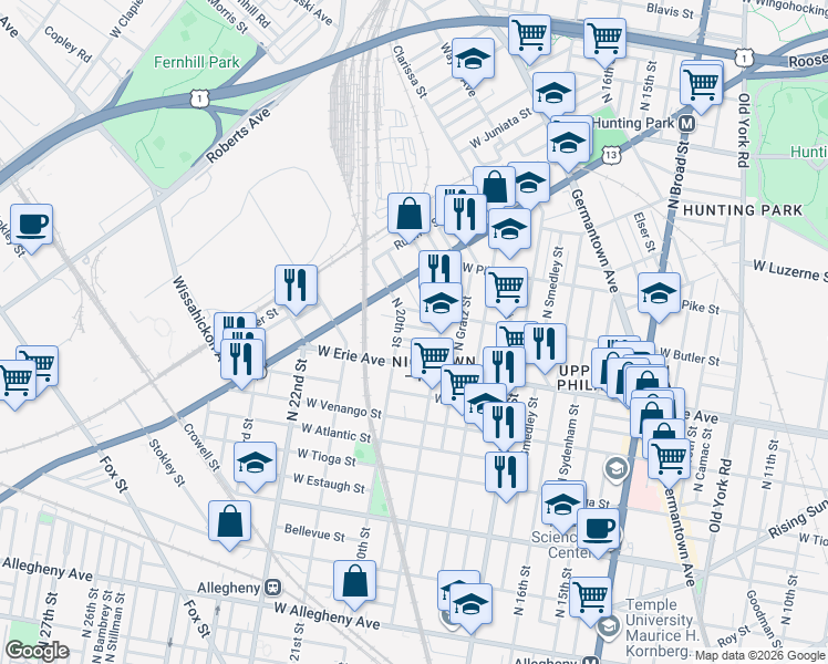 map of restaurants, bars, coffee shops, grocery stores, and more near 1944 West Airdrie Street in Philadelphia
