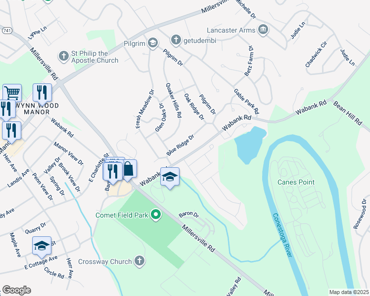 map of restaurants, bars, coffee shops, grocery stores, and more near 1924 Blue Ridge Drive in Lancaster
