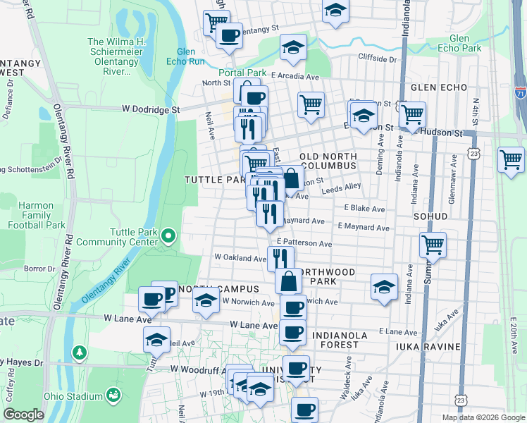 map of restaurants, bars, coffee shops, grocery stores, and more near in Columbus