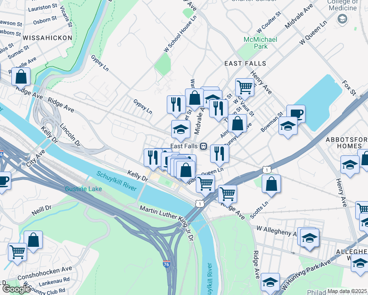 map of restaurants, bars, coffee shops, grocery stores, and more near 3640 Stanton Street in Philadelphia