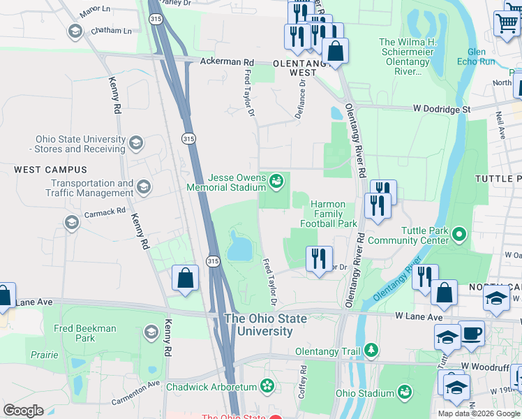 map of restaurants, bars, coffee shops, grocery stores, and more near 1936 Fred Taylor Drive in Columbus