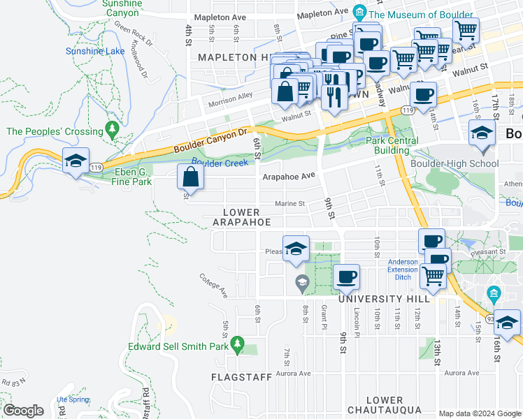 map of restaurants, bars, coffee shops, grocery stores, and more near 625 University Avenue in Boulder