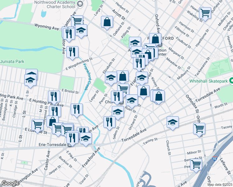map of restaurants, bars, coffee shops, grocery stores, and more near 4283 Griscom Street in Philadelphia