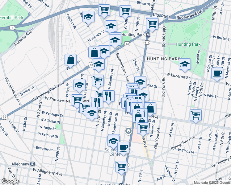map of restaurants, bars, coffee shops, grocery stores, and more near 3742 North 16th Street in Philadelphia
