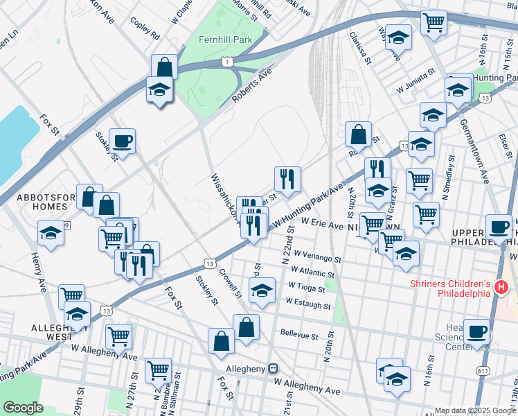 map of restaurants, bars, coffee shops, grocery stores, and more near 2256 Ruffner Street in Philadelphia