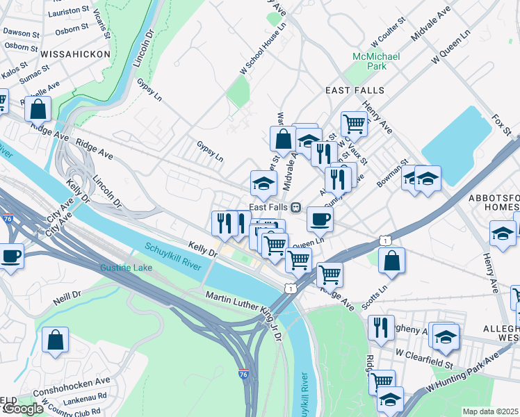map of restaurants, bars, coffee shops, grocery stores, and more near in Philadelphia