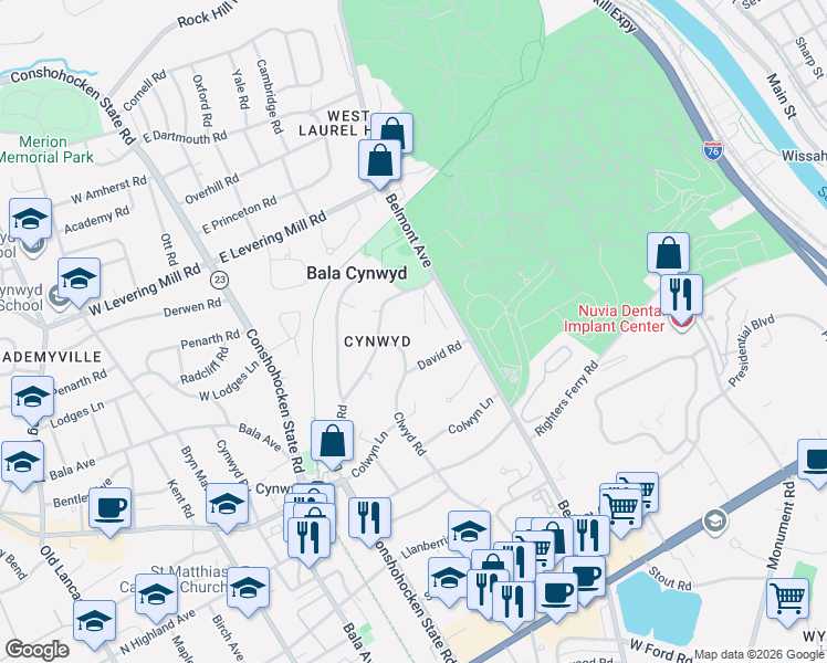 map of restaurants, bars, coffee shops, grocery stores, and more near 300 Penbree Circle in Bala Cynwyd