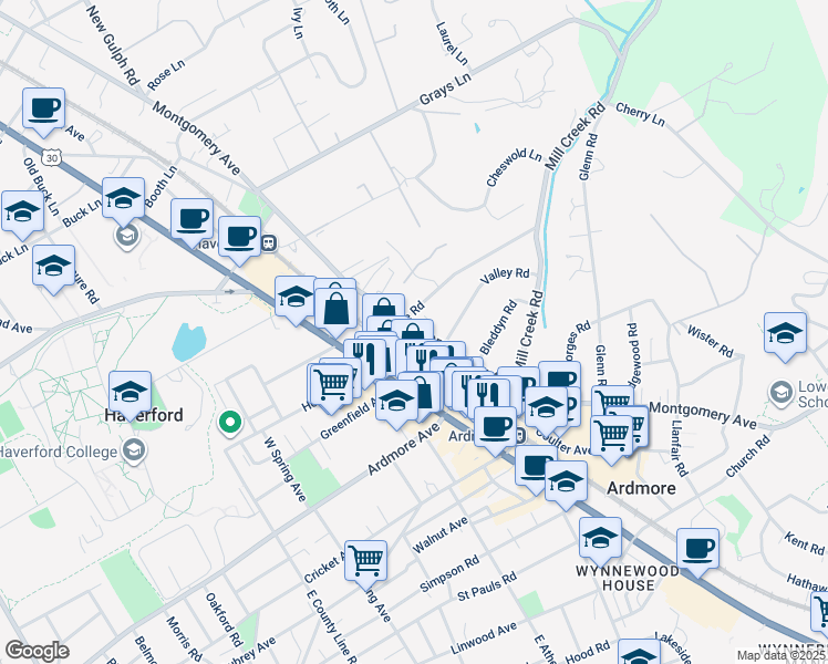 map of restaurants, bars, coffee shops, grocery stores, and more near 104 West Montgomery Avenue in Ardmore